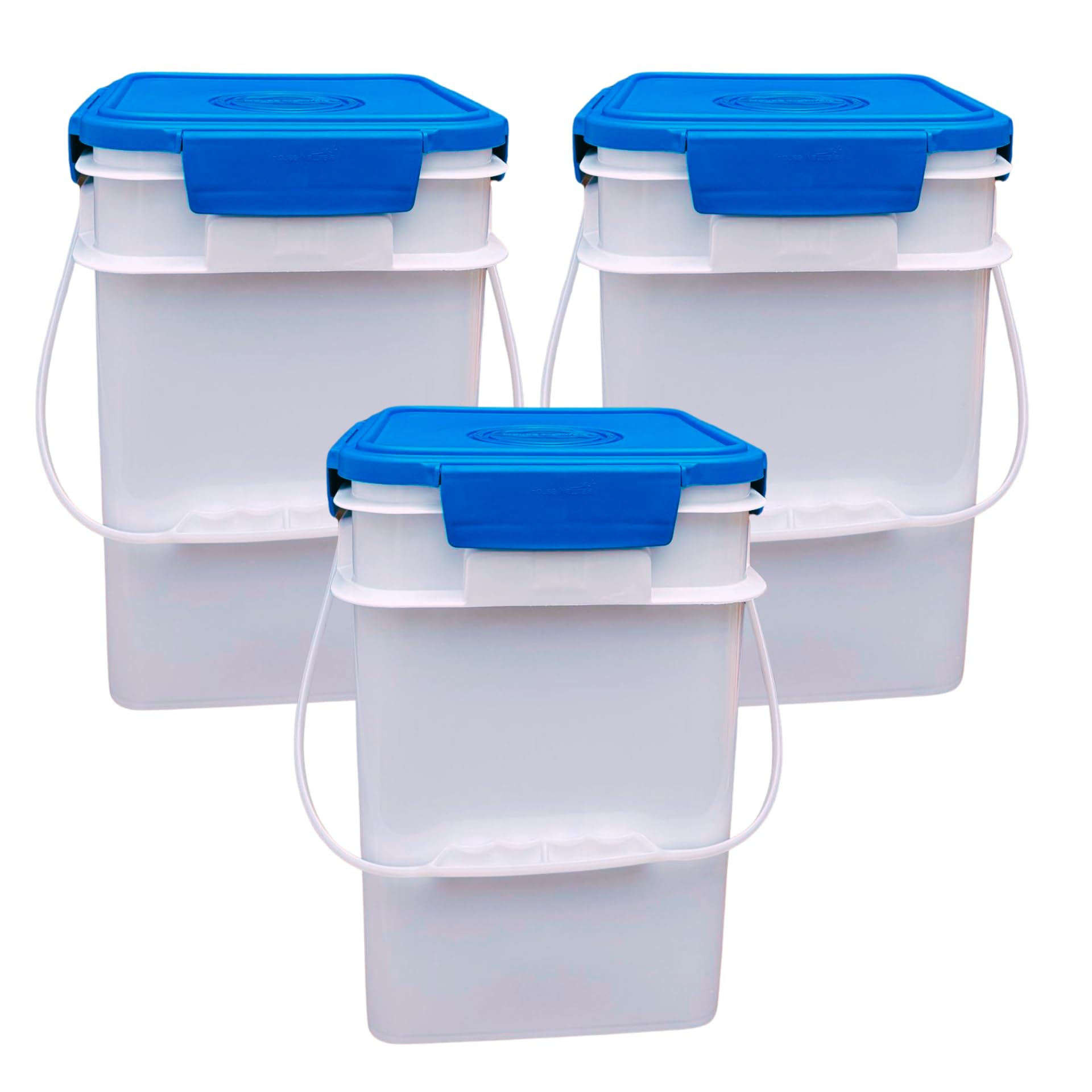 House Naturals 4 Gallon Square Food Grade Bucket Pail with Plastic Handles and Lid (Pack of 3) Made in USA containers (White - Blue lids)