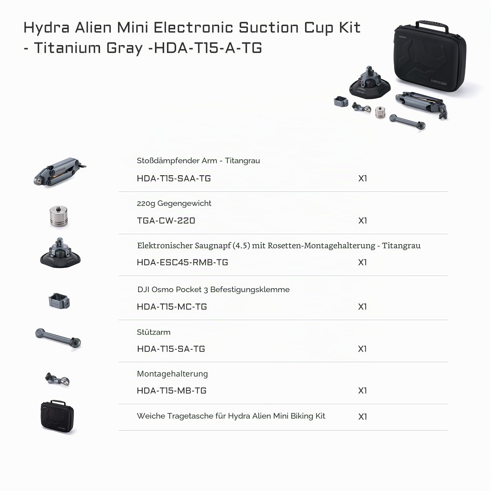 Tilta Hydra Alien Mini Stoßdämpfer mit elektronischem Saugnapf, kompatibel mit DJI Pocket 3, Action 3/4, Insta360 X4/X3 und iPhone, HDA-T15-A-TG