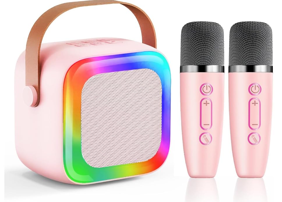 Image of Mini Karaoke Machine for Kids Teen Adults with 2 Wireless Microphones and LED Lights, Bluetooth 5.3 Connectivity, Toys for Party, Home, Gifts for 4 5 6 7 8 9 10 11 12+ Years Girls Boys