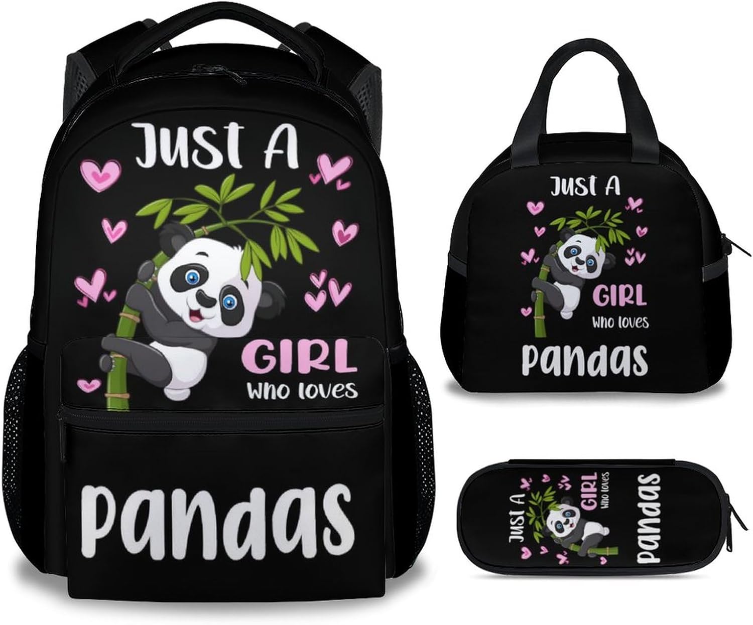 Mercuryelf Panda Girls Backpack with Lunch Box Set, 3 in 1 School Backpacks Matching Combo, Cute Black Just a Girl Who Loves Pandas Bookbag and Pencil Case Bundle