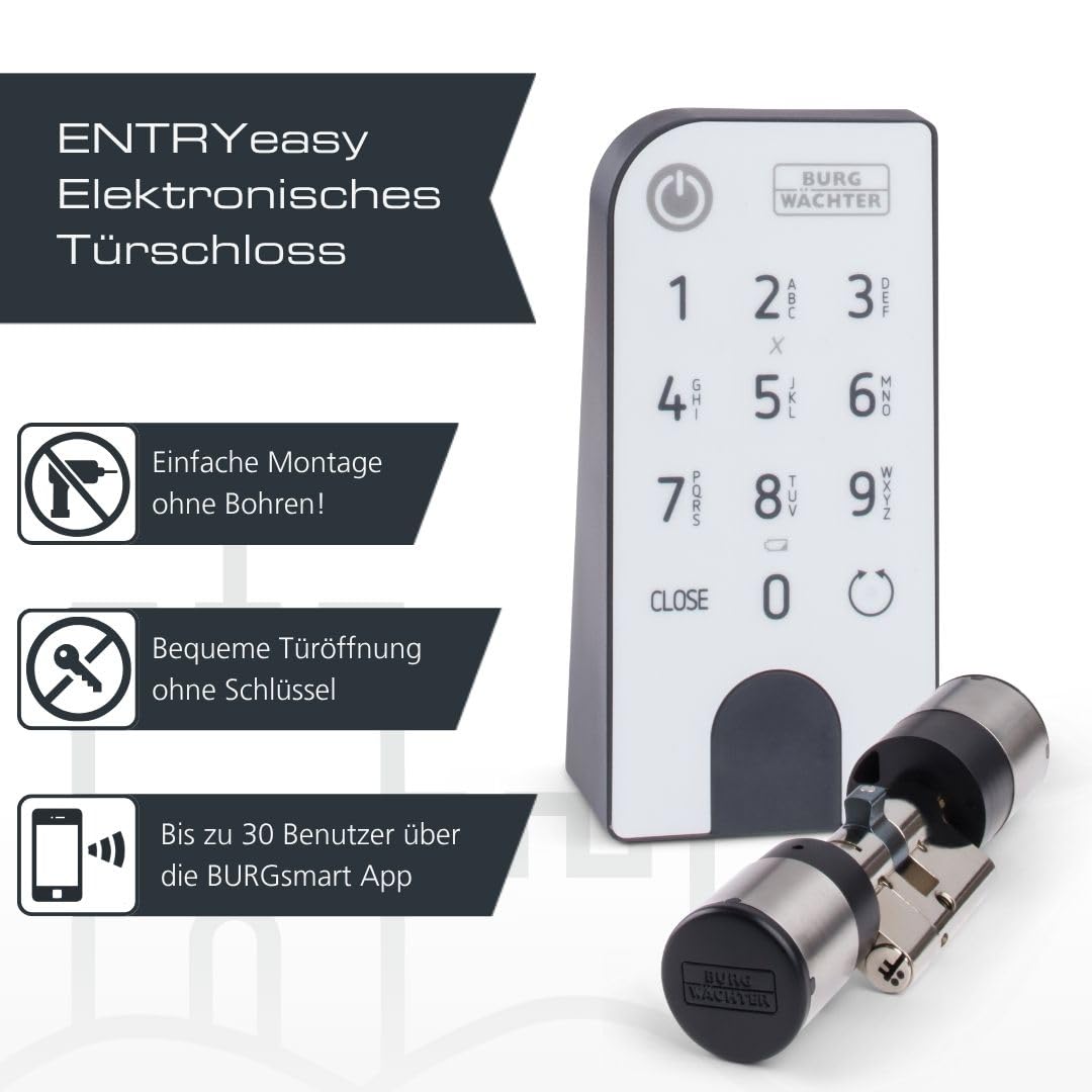 BURG-WÄCHTER Elektronisches Türschloss, Zylinder und Keypad, Öffnung mit App, Pincode oder Funkschlüssel, ENTRYeasy 7601 PIN, Schwarz/Edelstahl Tastenfeld