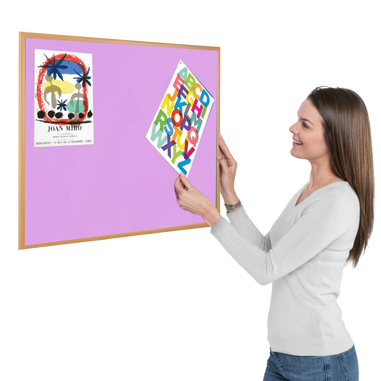 Metroplan Eco-Friendly Lilac Loop Nylon Noticeboard, 90 x 60 cm, Light Oak Wooden Frame Pinboard - Ideal for Office, School, Healthcare Displays