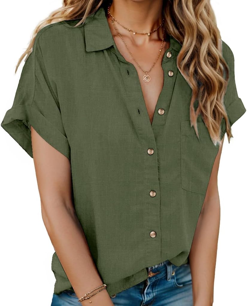HOTOUCH Linen Shirts for Women Button Down Short Sleeve Tops Cotton Blouses Collared Button-up Beach Vacation Outfits