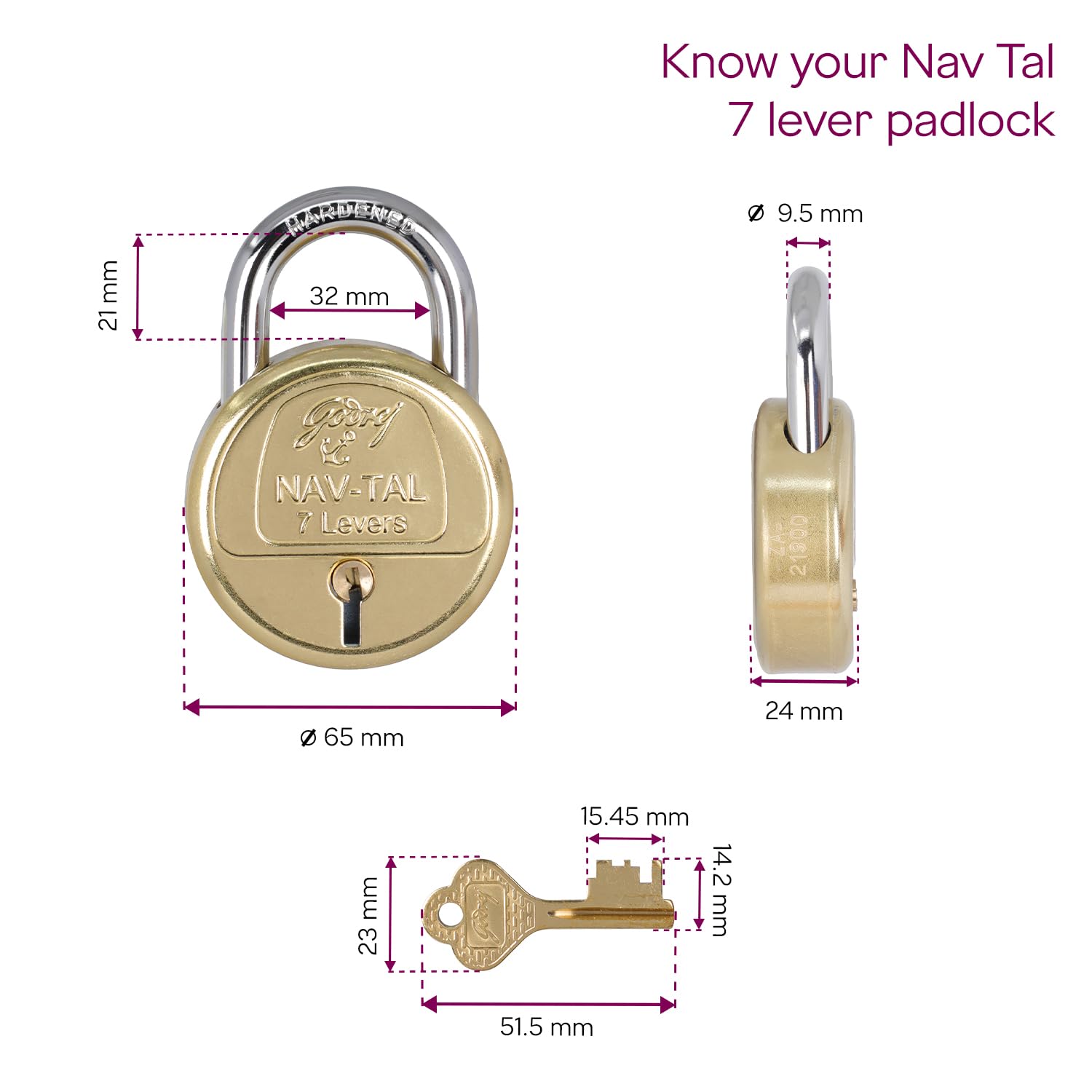 Godrej Locks I Navtal 7 levers 65 mm I 4 Keys I Padlock for Main Door I Gate Lock I Tool Box, Shutters, Shops & Offices I Strong Hardended Corrosion Resistant Shackle I Brass Material & Brass Finish 4