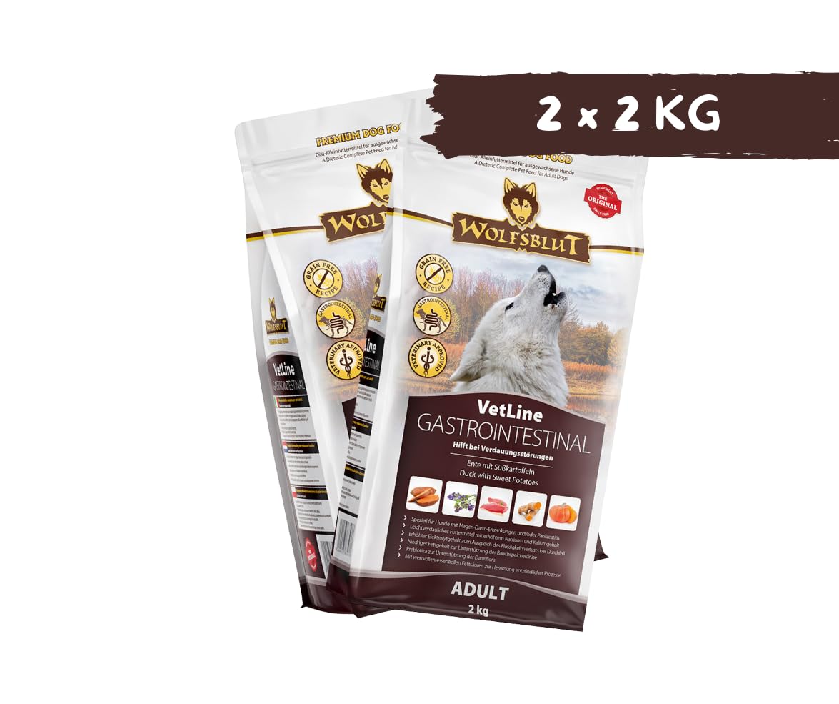 Wolfsblut Vetline Hundefutter - GASTROINTESTINAL, 2x2kg - Sparbundel, Sparpaket - inklusive Warnicks Tierfutterservice Hundesnack Goodie