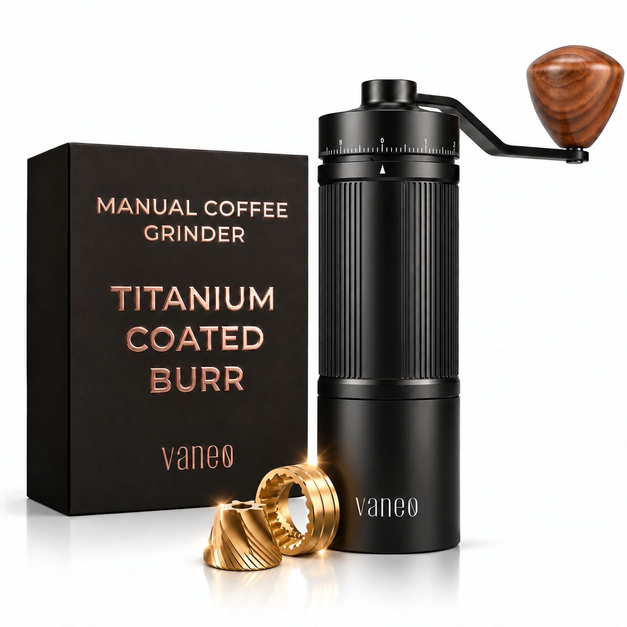 Manual Coffee Grinder with 7-Blade Titanium Coated Burr, 3 Bearings Shaft for High Precision, 25g Capacity, Portable for Camping, Adjustable Settings for Espresso, Pour Over, Moka Pot, French Press
