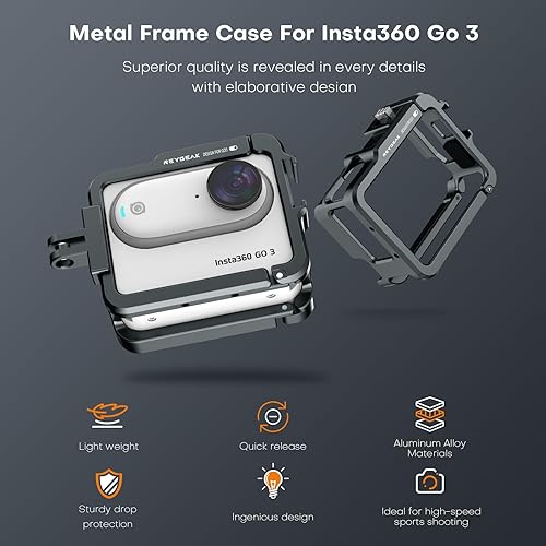 Miniatura 2 de REYGEAK Jaula de aluminio para Insta360 GO 3, carcasa protectora de metal duradera con soporte de zapata fría compatible con soporte de pivote