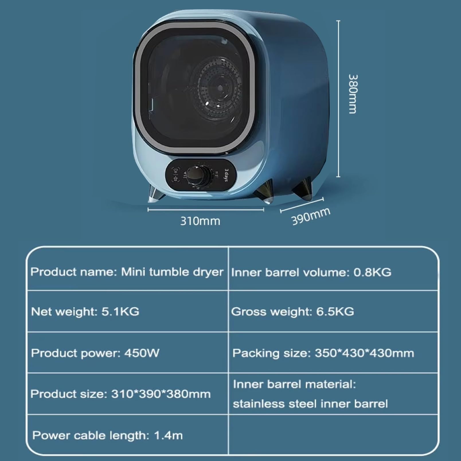 Secadora De Condensación Pequeña, Secador De Ropa De Condensador Portátil, Con 2 Modos De Secado Y Temporizador, Con Capacidad De Carga De 0,8 Kg, Para El Hogar, Apartamentos(Blue)