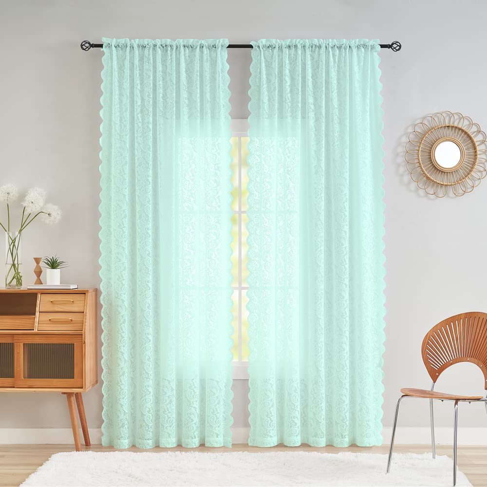 ALIGOGO Minty Green Sheer Curtains 84 inch Length 2 Panels Set Retro Floral Style Lace Curtains for Living Room French Door Spring Coasta Beach Room Decor 52 in x 84 in, Aqua Blue/Seafoam Sea Green