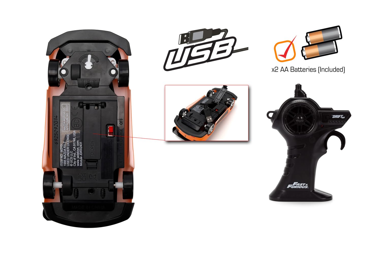 Jada Toys Fast and Furious RC Drift Auto Twin Pack (zestaw 2 szt.) - 2 zdalnie sterowane samochody zabawkowe dla fanów i dzieci od 6 lat, po 19 cm, maks. 8 km/h, pilot zdalnego sterowania 2,4 GHz, w