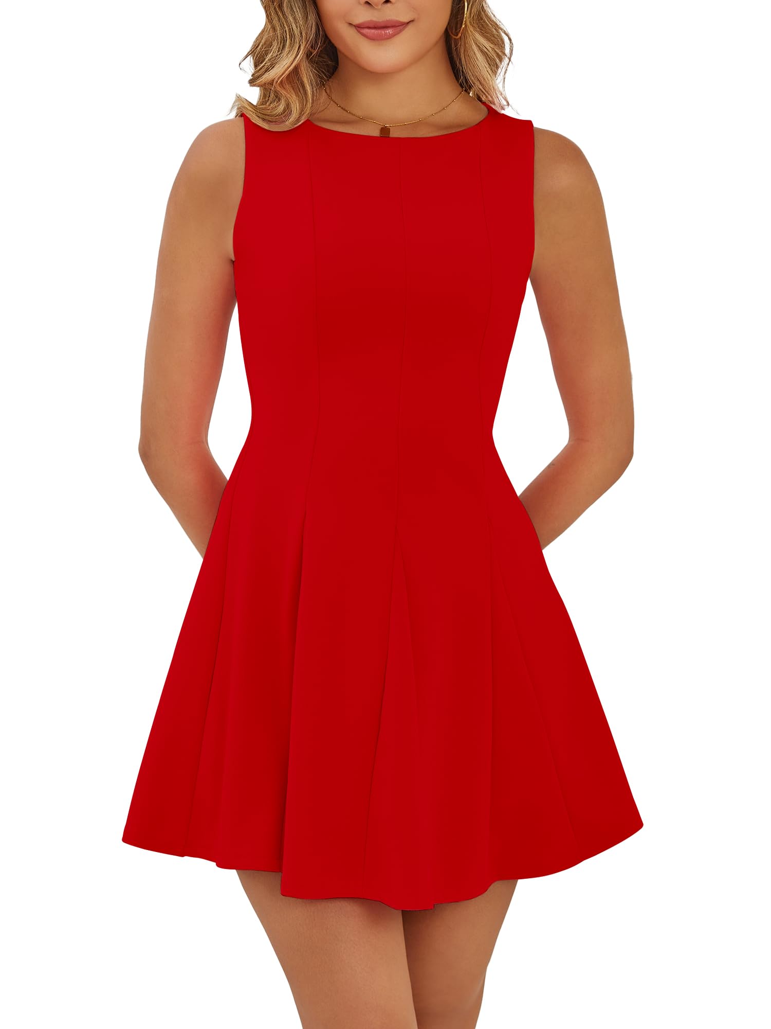 Mokoru Women's Summer Sleeveless Boat Neck Cute Mini Dress A-Line Party Cocktail Short Dresses