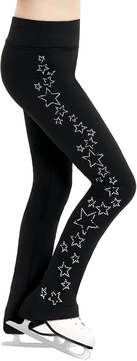 Gogokids Girls Ice Skating Leggings, Kids Fleece Thermal Black Dancing Trousers