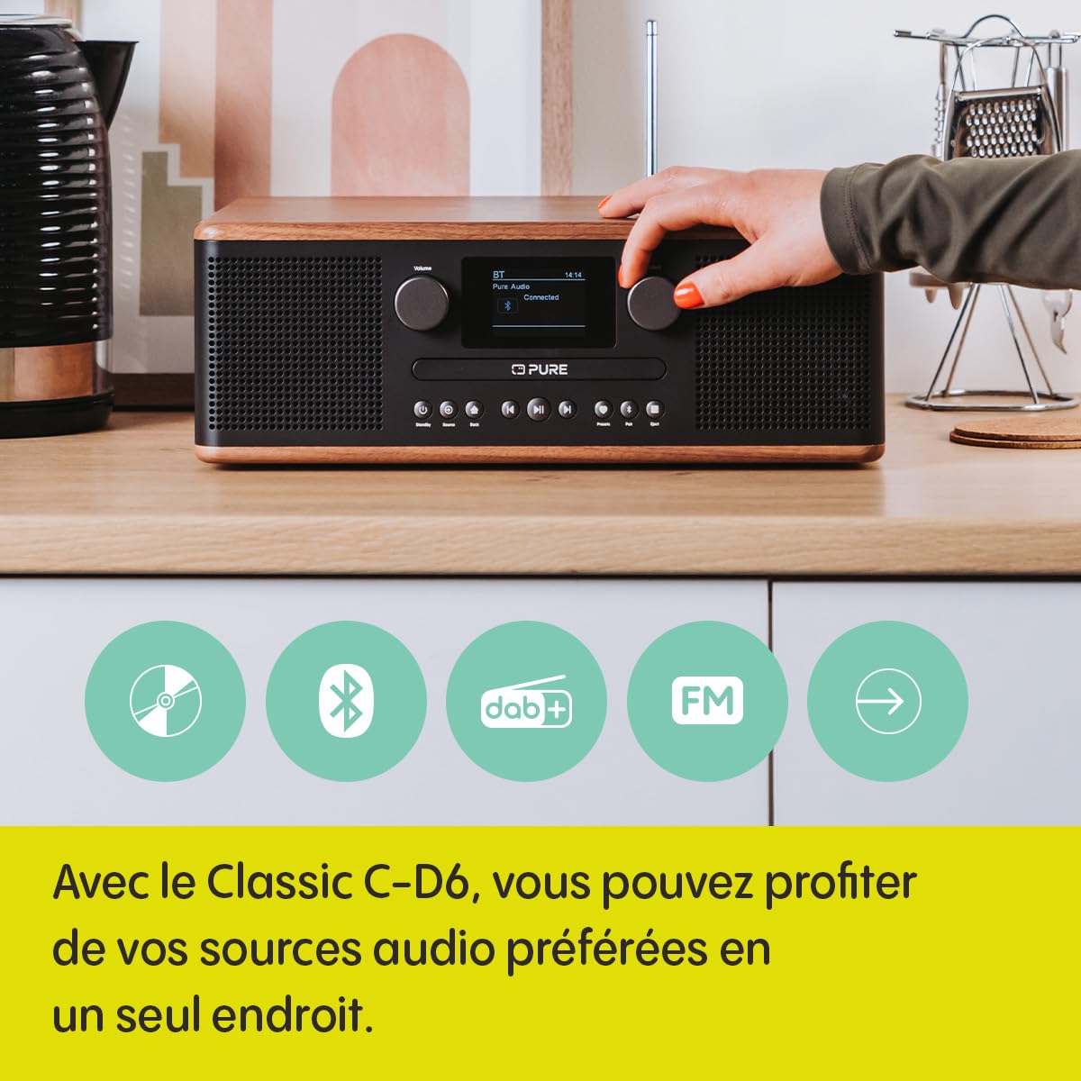 Pure Classic C-D6 Système Musical (Lecteur CD, Dab+/FM, Bluetooth, AUX, USB, Alarme Sleeptimer) Café Noir/Noyer