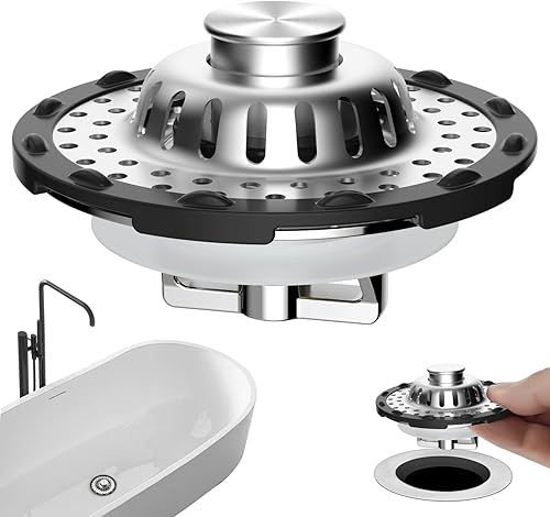 Universal Bathtub Drain Stopper Shower Drain Hair Catcher, Tub Stopper with Visible Top Strainer, Upgraded 3 in 1 Pop-up Drain Plug Fit for 1.5 to 2.4" Hole, Stainless Steel Filter Basket, Chrome