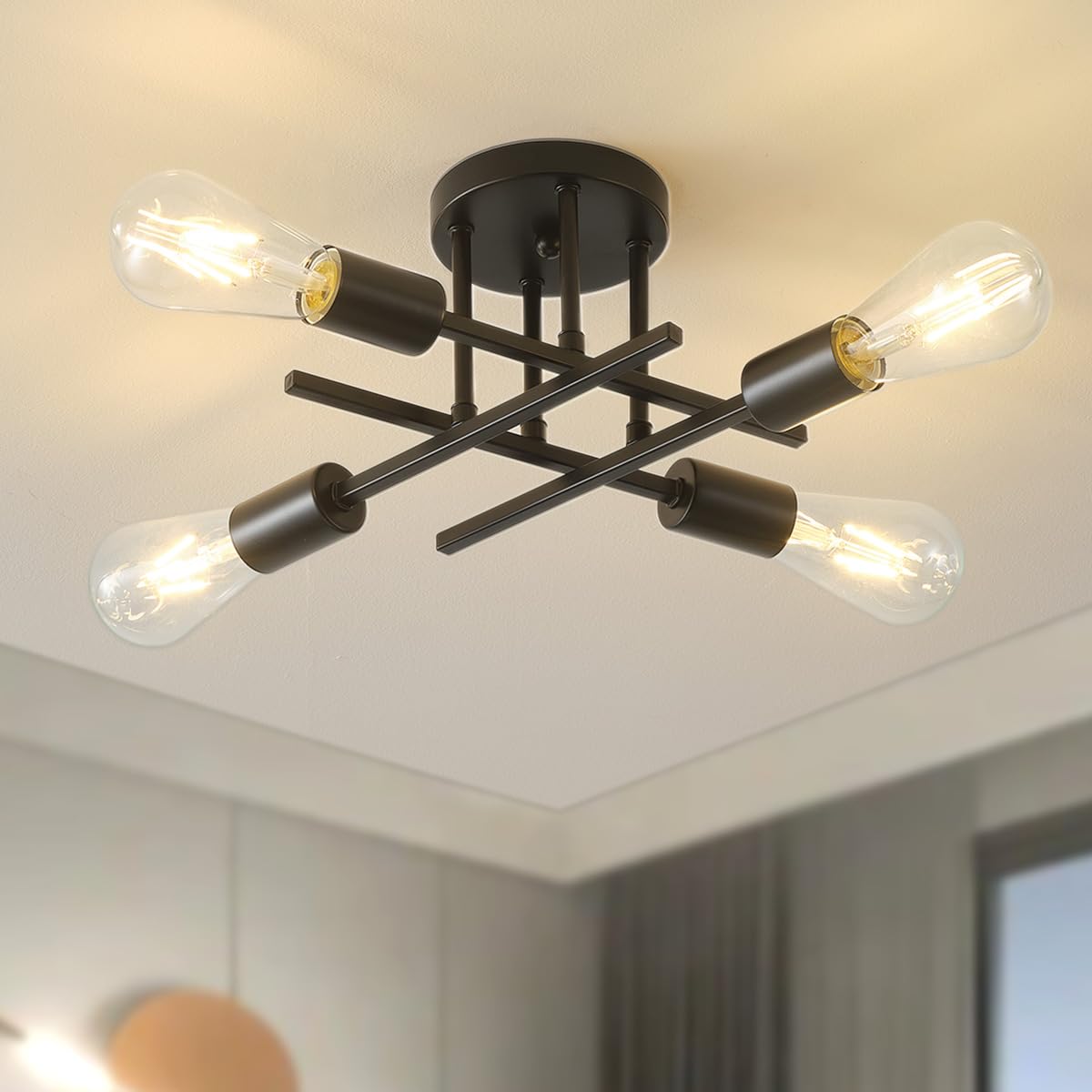 Giutna Modern Semi Flush Mount Ceiling Light Fixture,4-Light Farmhouse Light Fixtures Ceiling Mount,Industrial Chandelier Ceiling Lamp for Living Room Bedroom Kitchen Hallway,Bulb Not Included(Black)