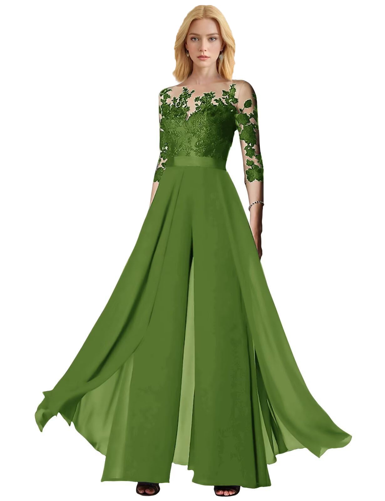 Chiffon Mother of The Bride Pant Suits Applique 3 4 Sleeve Scoop Neck Lace Formal Jumpsuits for Women