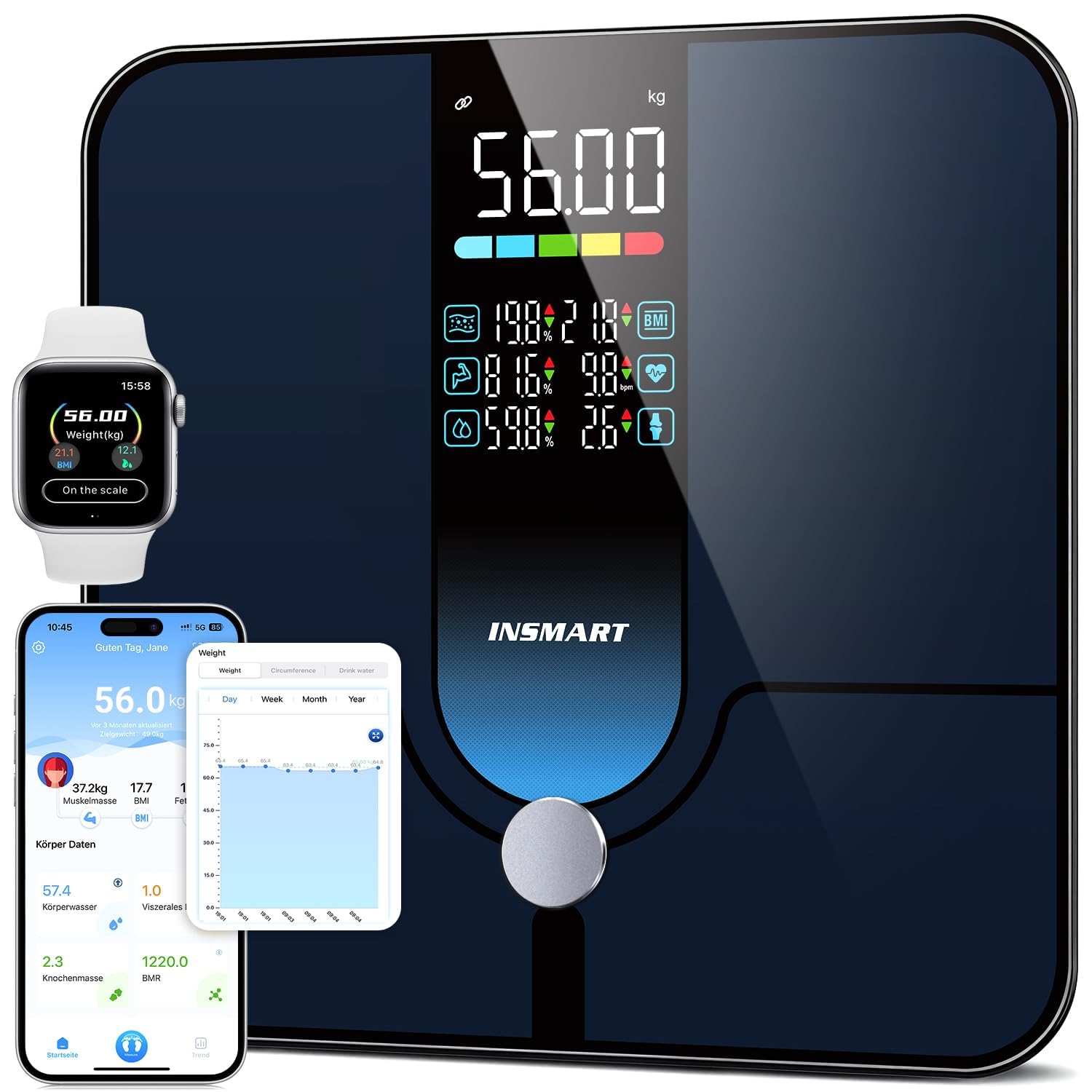 INSMART Balance personnelle Balance de graisse corporelle avec grand écran, 30 * 30 cm 227 kg / 500 lb, avec APP/Bluetooth/capteur de surface complète, balance de poids qui peut analyser 18 donnée