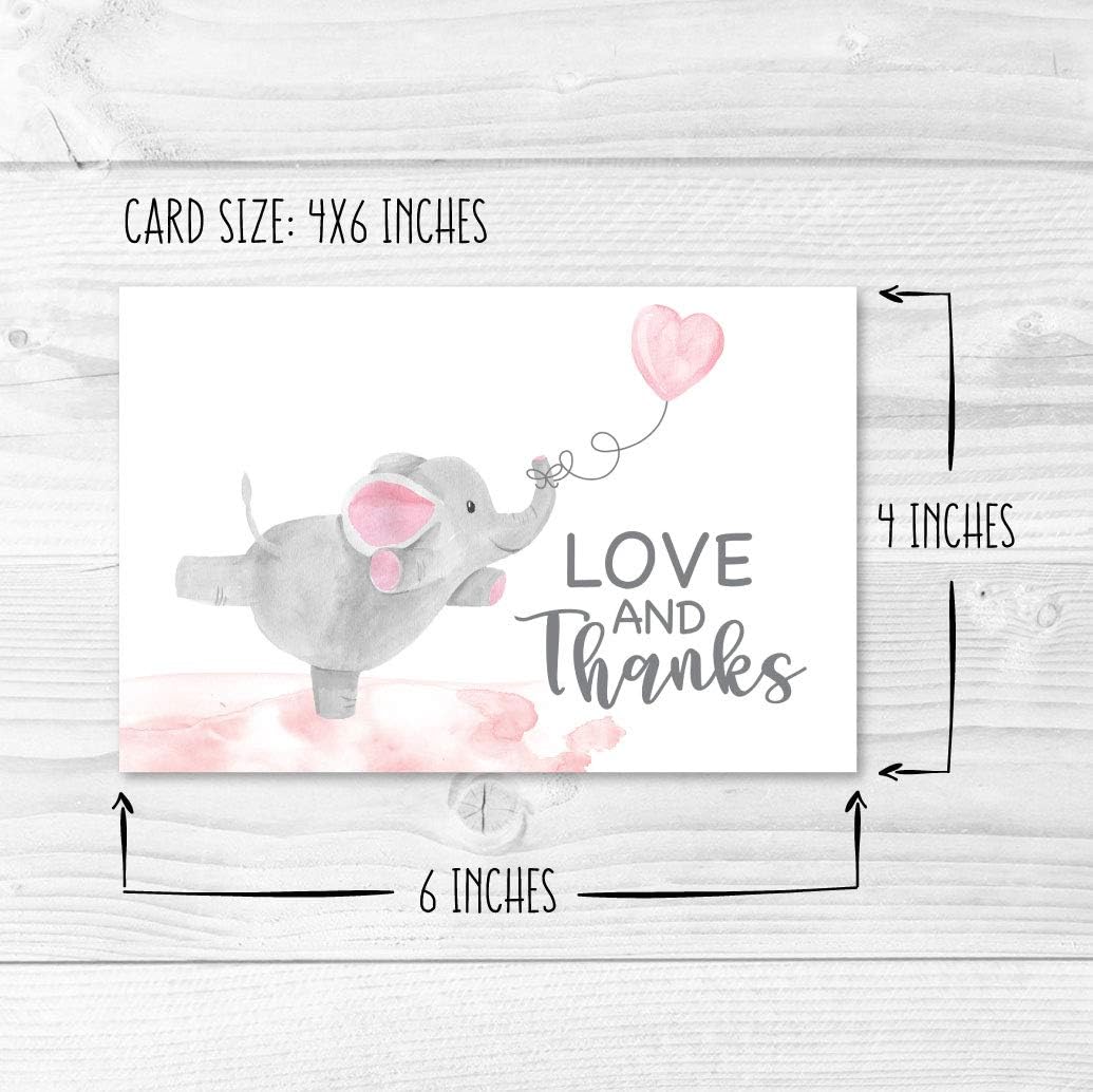 Hadley Designs Baby Shower Thank You Cards with Envelopes - 24 Baby Girl Thank You Cards for Gift, Girl Thankyou Notes Babyshower Sprinkle, Cute Pink Elephant Shower Thanks Card - Image 4