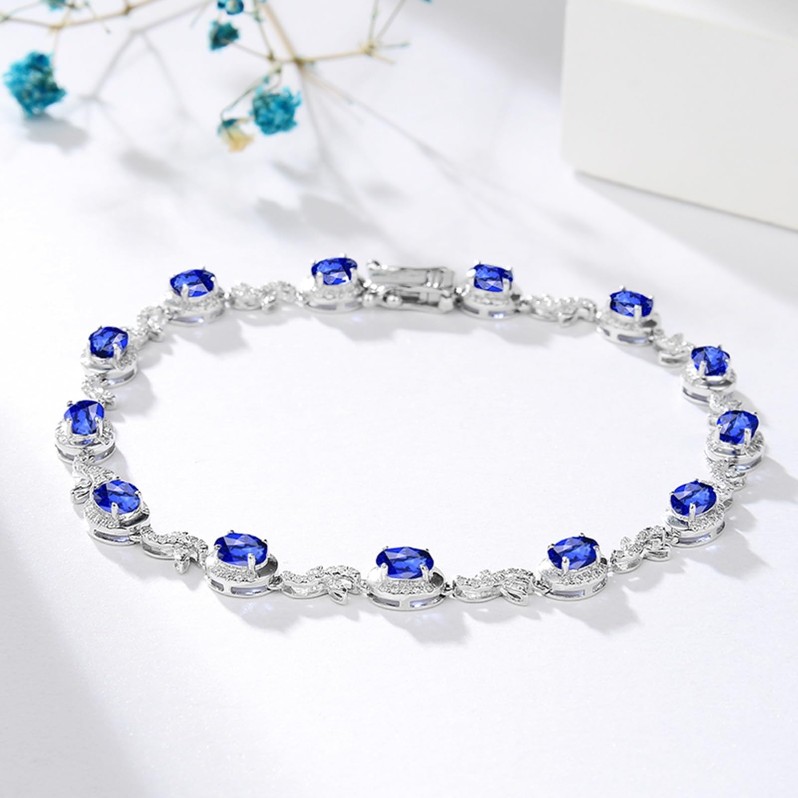 Bracciale di Oro Bianco 750/585/375 Donna, Bracciale Donna Zaffiro 5ct 16-20 cm con Diamante, Braccialetto da Sposa Matrimonio