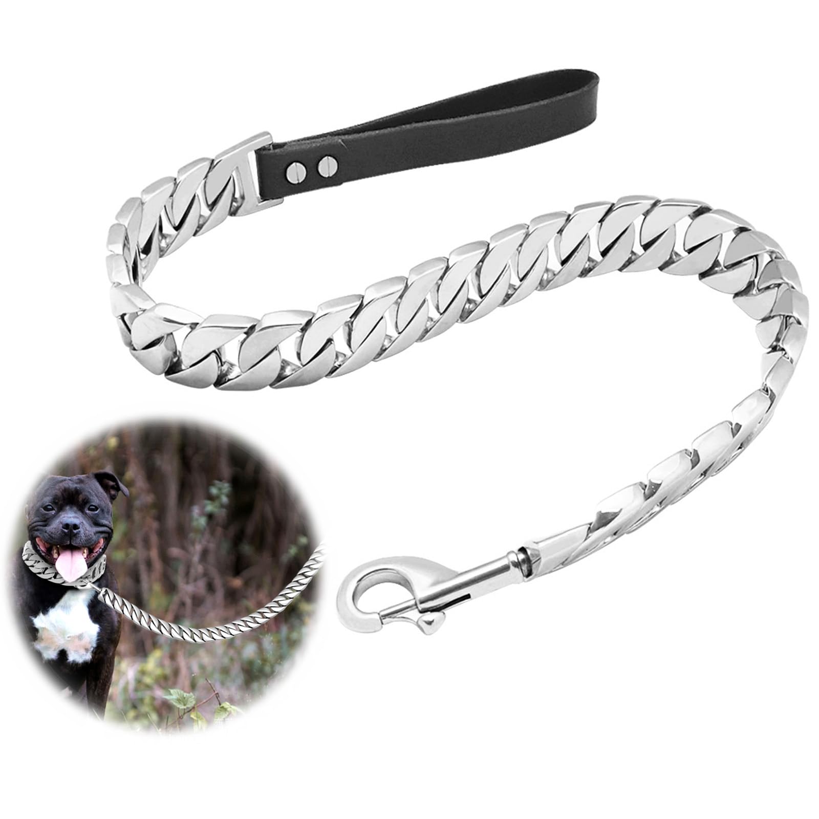 Correa para Perros Correa Dorada para Perros Correa para Perros con Cadena Cubana De Acero Inoxidable De 32mm con CóModo Mango De Cuero Genuino Adecuado para Perros Grandes(Size:120cm)