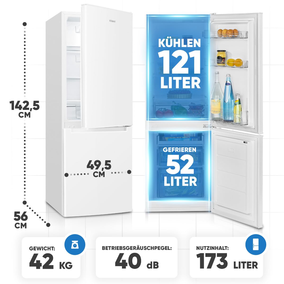 Bomann, KG7359 Réfrigérateur et Congélateur 173L Blanc - 121L Réfrigérateur, 52L Congélateur 4 Étoiles, Éclairage LED, Alarme d'Ouverture, Bac à Légumes, 3 Étagères en Verre, Économie d'Énergie
