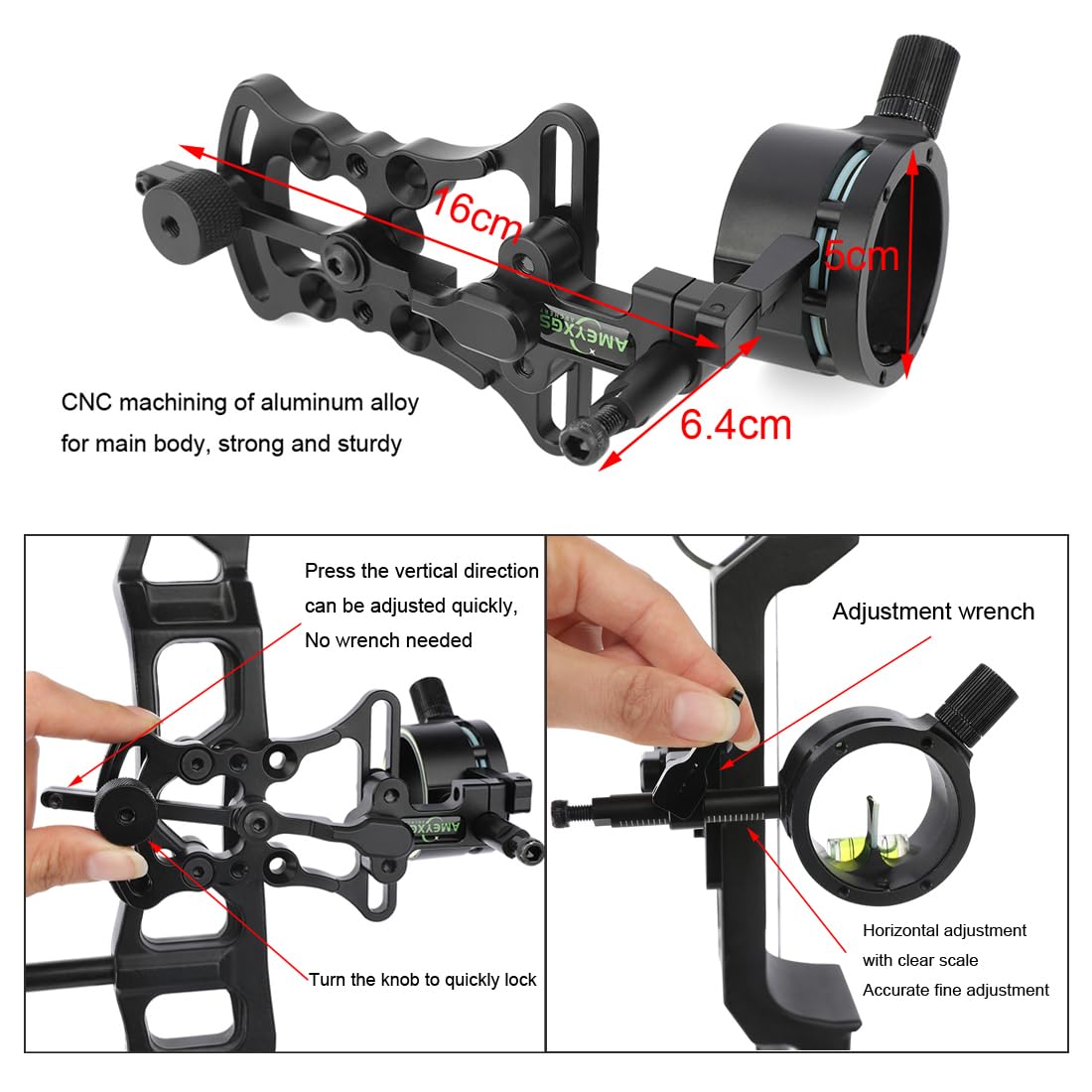 SHARROW Tiro al Arco Visor de Arco Compuesto 1 Pin Bow Sight Miras para Arcos Compound Aluminio Ajustable 0.019 Fibra óptica
