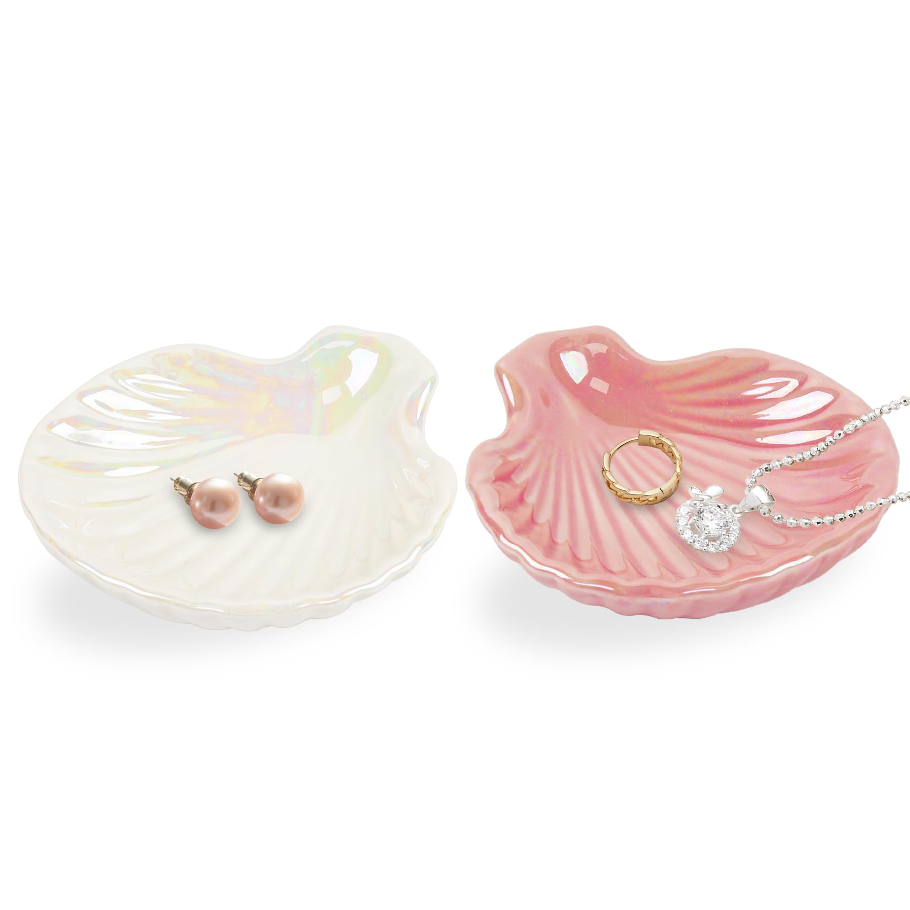 Dmnnlp 2 Pcs Trinket Dish Shell, Unique Gifts for Women Jewellery Dish, Birthday New Home Gifts for Her, Ceramic Decorative Trinket Tray for Room Bedroom Rings Earrings Necklace Storage (White Pink)