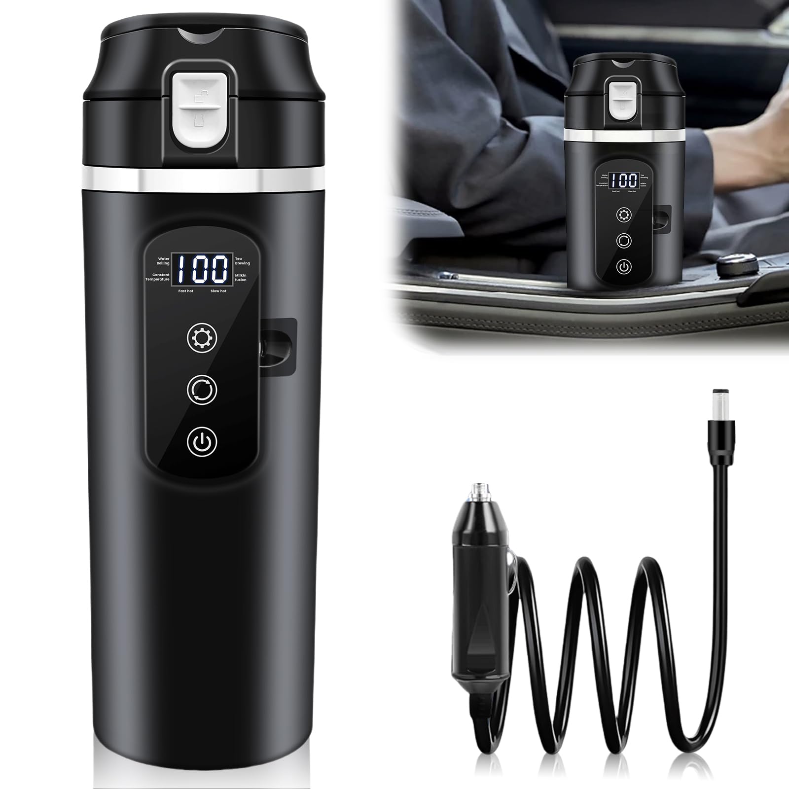 GOMETY Auto-Heizbecher: 1 Stück BPA-Frei Elektrisch Wasserkocher, Tragbar Für Auto, Für Reise Camping (Schwarz 500ml)