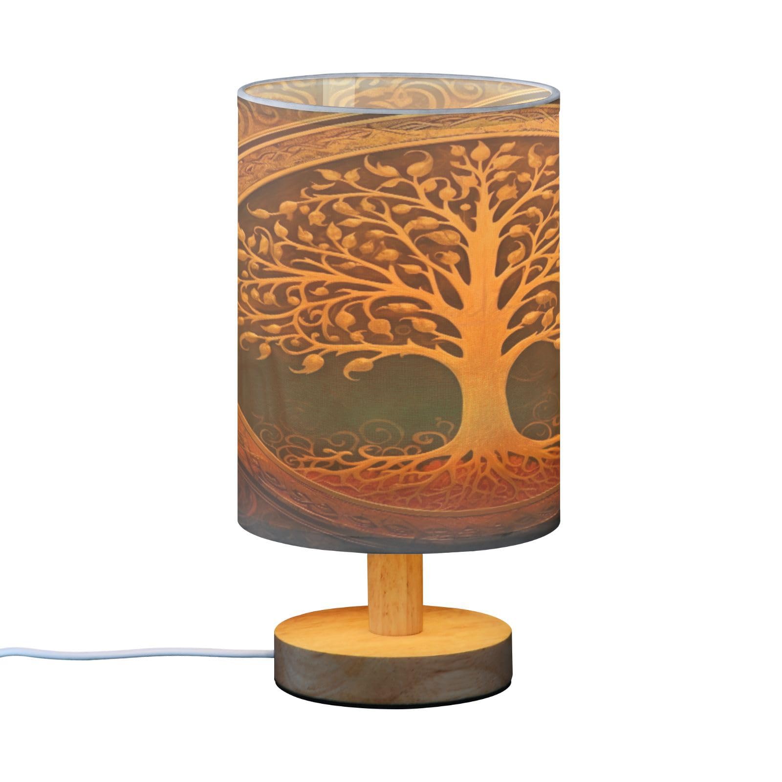 SDMKA Gold Tree Pattern Bedside Table Lamp for Bedroom, Minimalist Nightstand Lamp with Round Fabric Shade for Living Room, Office, No Bulb Required