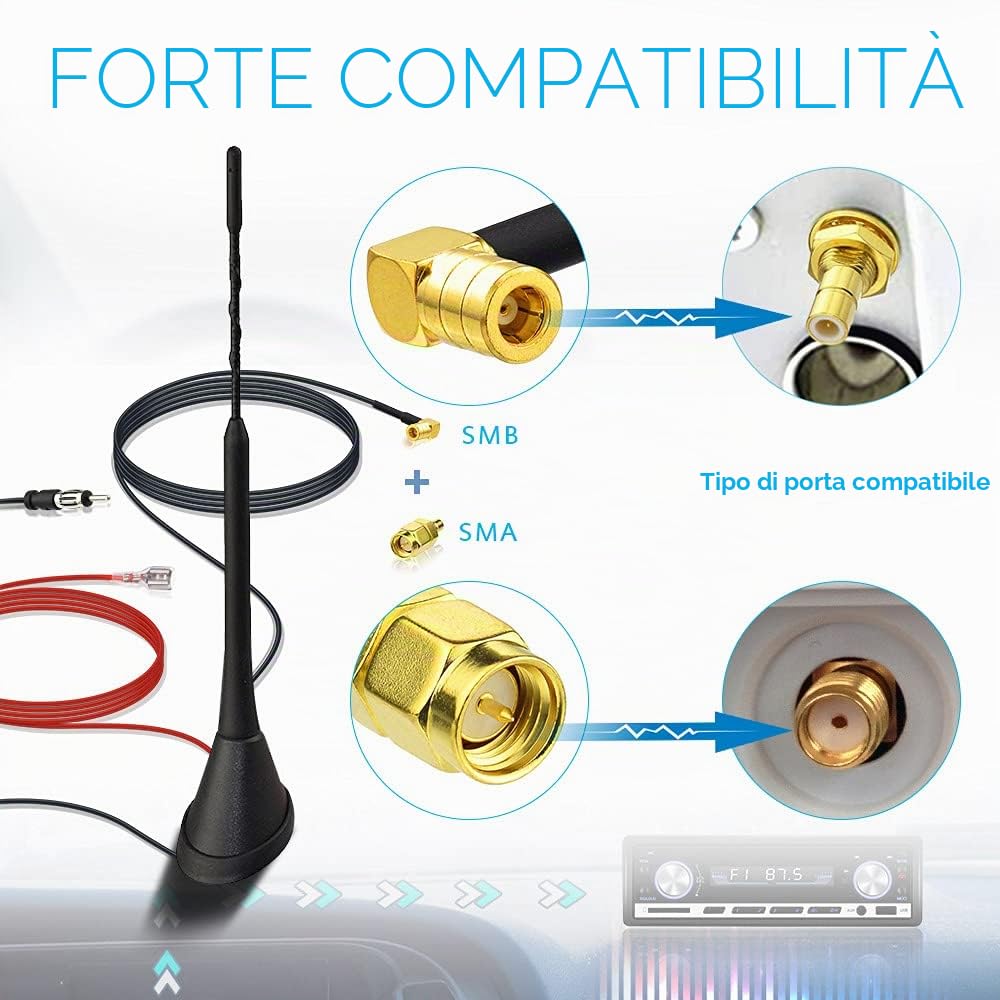 Eightwood Antenna Radio Auto DAB+ AM/FM Tetto 5m con Amplificatore | Antenna combinata con Adattatore SMB DIN SMA Per Alpine Sony Pioneer Camper Furgone Truck