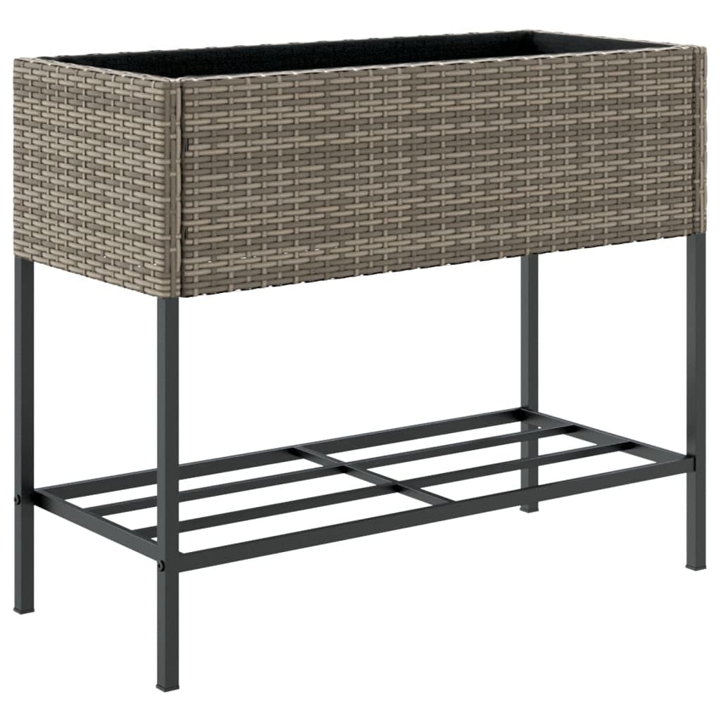 Jardinera de jardín gris 90 x 40 x 75 cm polirratán | Estructura de acero con recubrimiento en polvo, estante de almacenamiento, 2 modos de uso, para exteriores