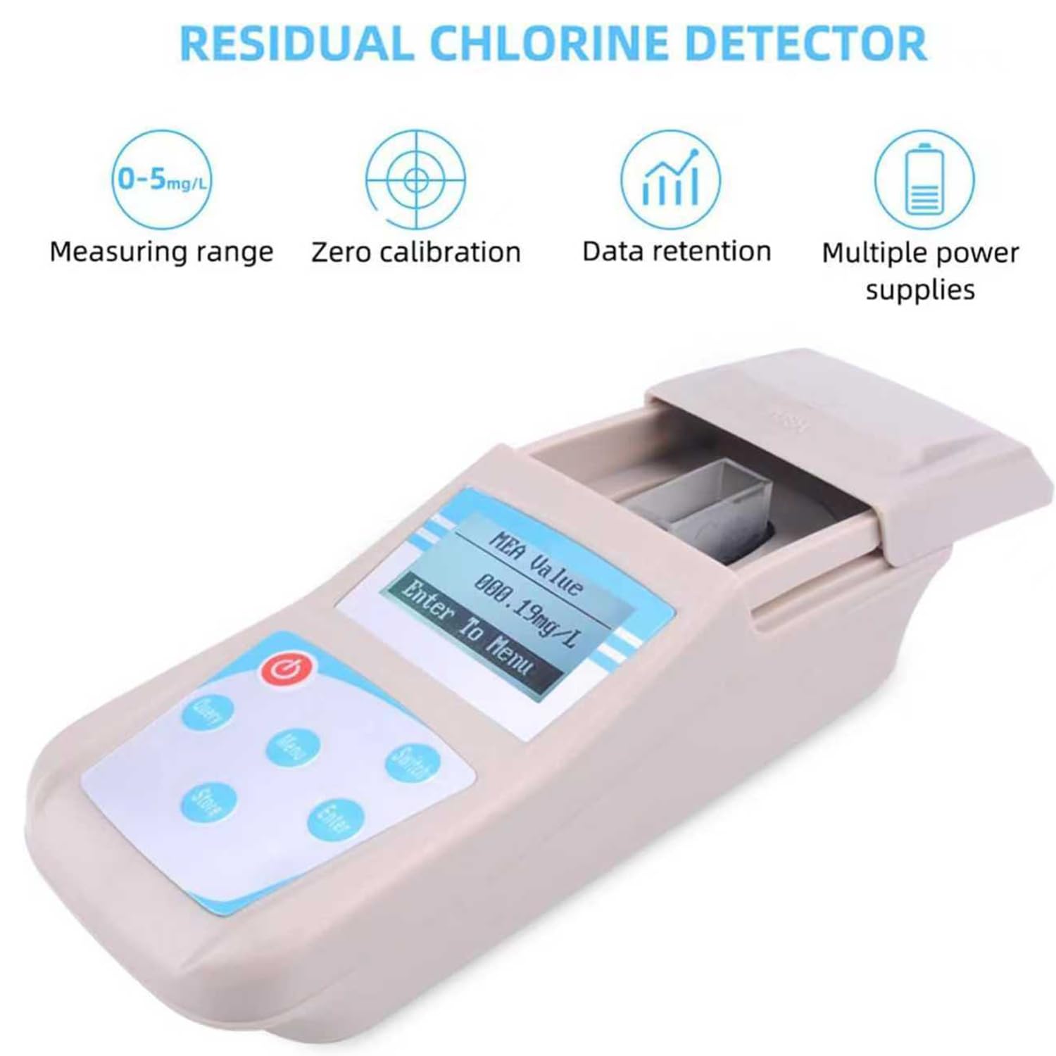 Detector De Cloro Residual, Medidor De Calidad Del Agua, Rango De Medición 0-5,00 Mg/l, Precisión 0,01 Mg/l, Almacenamiento De 10 Datos, Medición Del Contenido De PH Y Cl2, Para Piscinas Y Centros