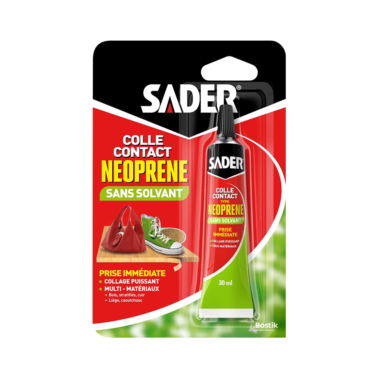 Colle Neoprène Sader - Forte Tenue - Intérieur et Extérieur Sous Abri - Sans Solvant - Translucide - 30 ml