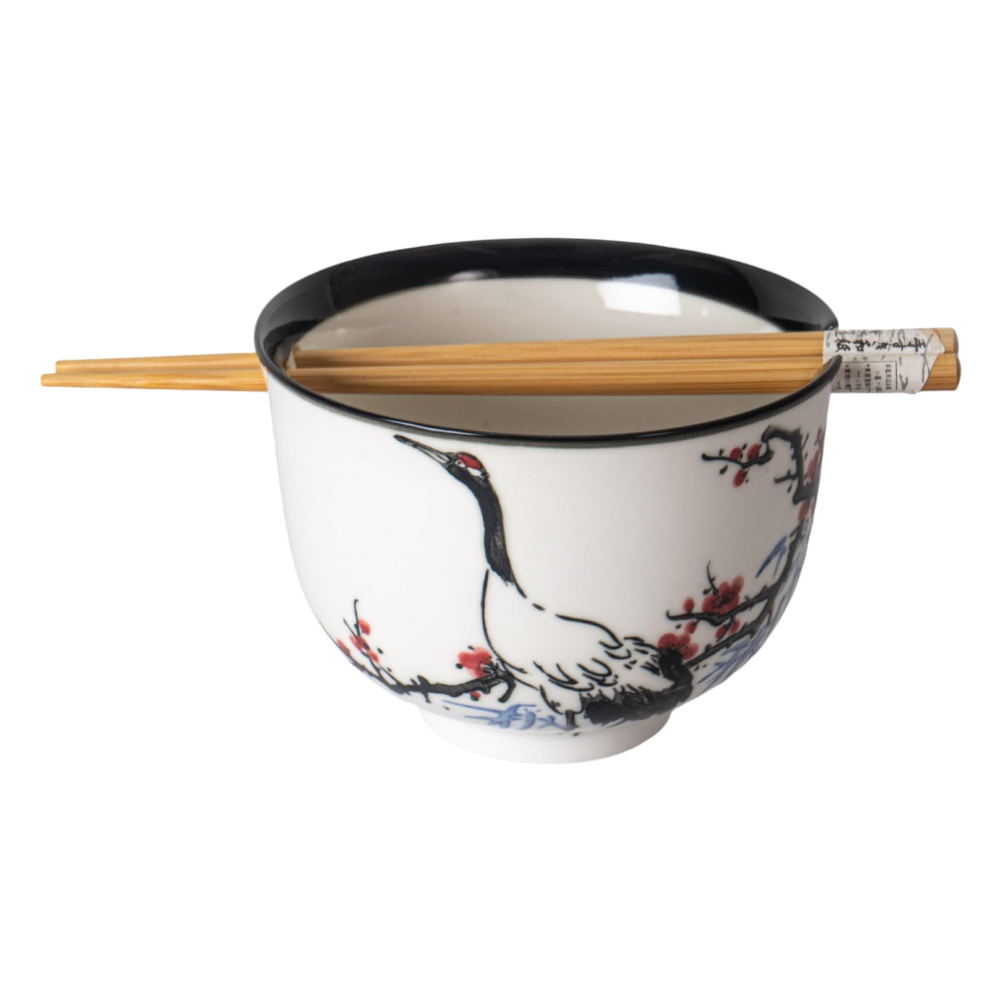 Quality Japanese Multi Purpose Ramen Udon Noodle Rice Tayo Bowl with Chopsticks Gift Set 5 Inch Diameter (Japanese Crane)