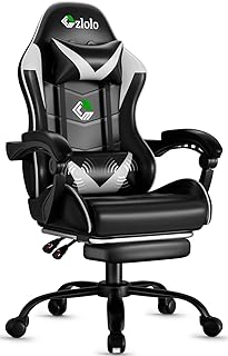 Gaming Chair with Footrest Racing Style Lumbar Support Massager Video Game Chair with Metal Legs, High Back Reclining Gamer Chair with Headrest, 360° Swivel Office Computer Desk Chair (White)