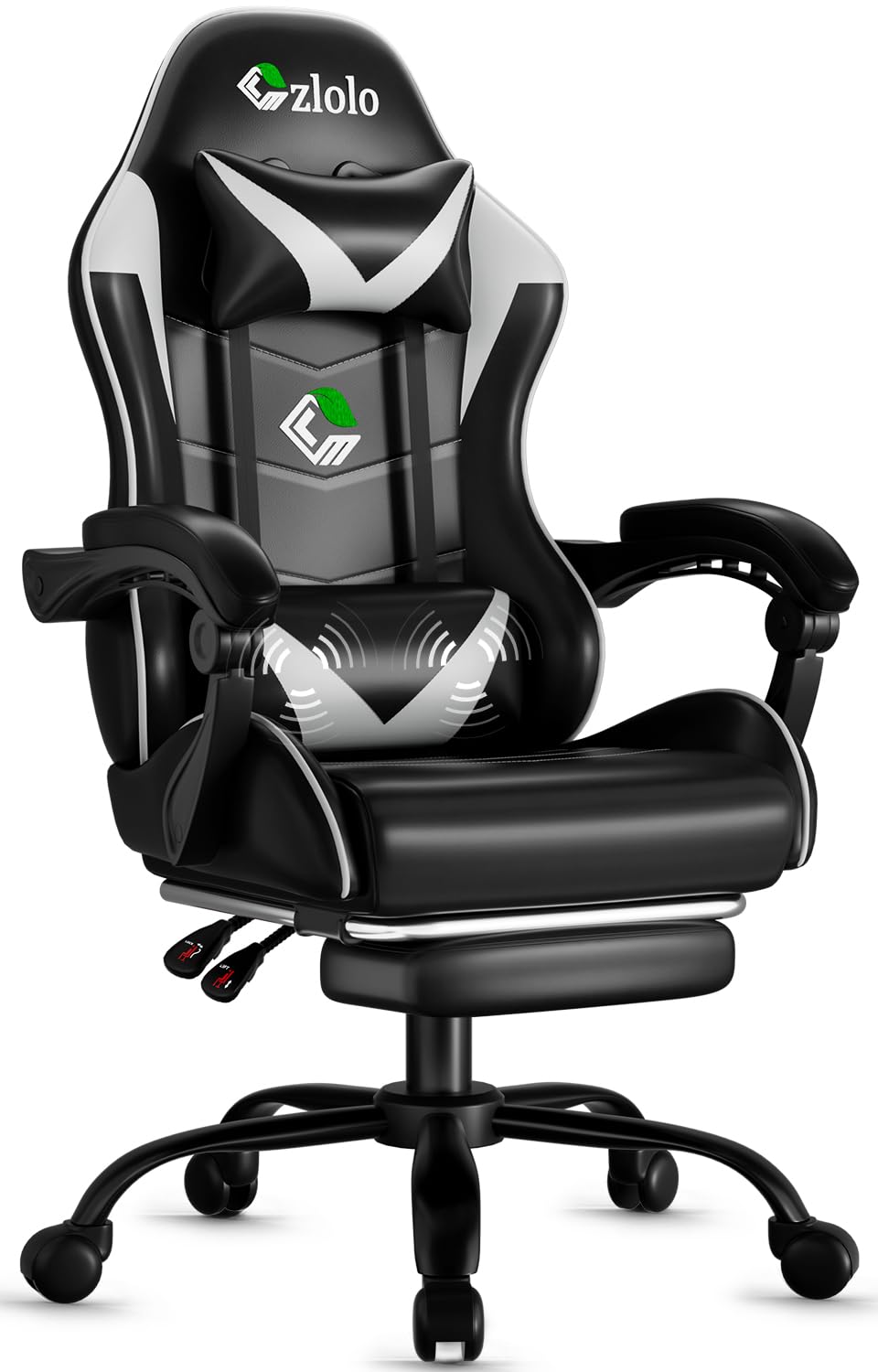 Czlolo Gaming Chair with Footrest Racing Style Lumbar Support Massager Video Game Chair with Metal Legs, High Back Reclining Gamer Chair with Headrest, 360° Swivel Office Computer Desk Chair (White)