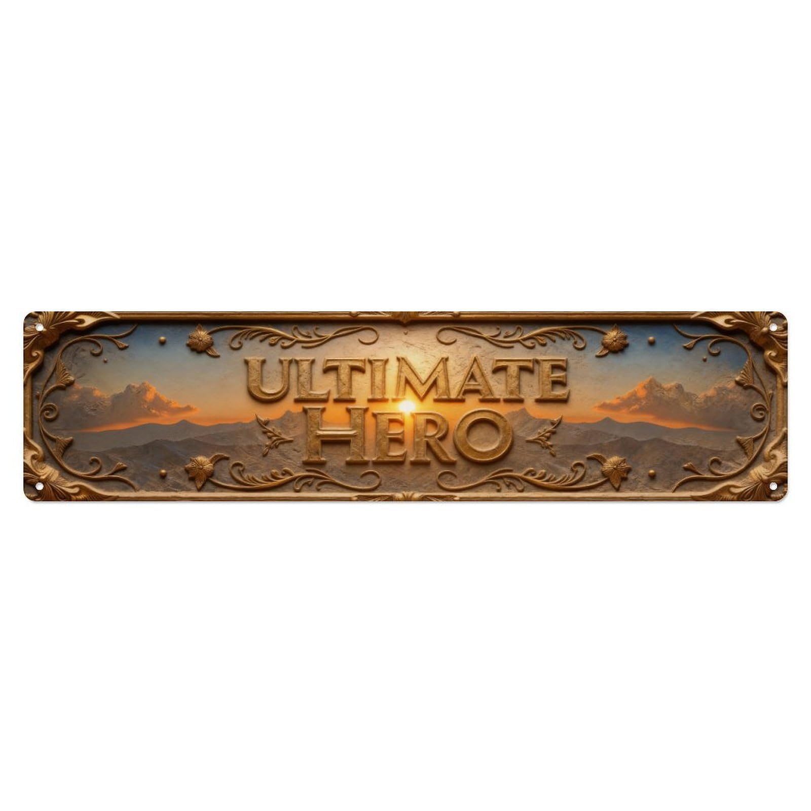 Golden Sunset Mountains Hero Title Metal Tin Sign Plaque