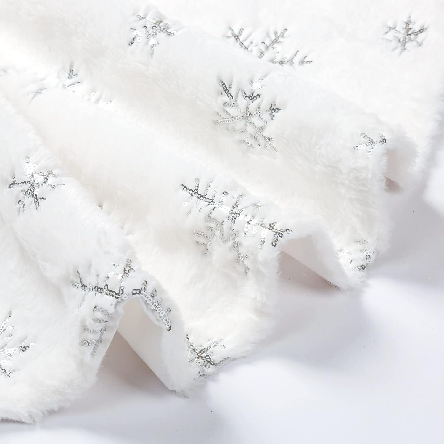 Gonna per albero di Natale, morbida gonna in peluche bianco, diametro 90 cm, fiocchi di neve argentati, decorazione per feste di Natale e Capodanno (spessore extra)