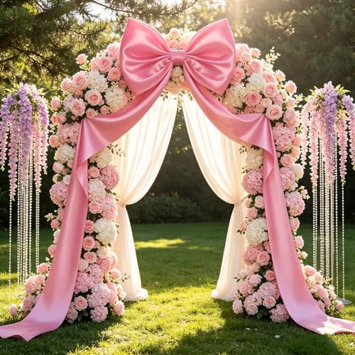 Large Pink Bow Decorations 24 x 87 Inch Giant Pink Bows with Rope and Double-Sided Tape for Wedding Bridal Shower Birthday Valentines Day Bachelorette Coquette Room Wall Decoration (87 INCH Pink Bow)