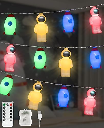 Miniatura 8 de AceList Guirnalda de 20 luces LED espaciales, decoración mágica de cohetes y astronautas  USB y batería para habitaciones de niñosniños, fiesta,