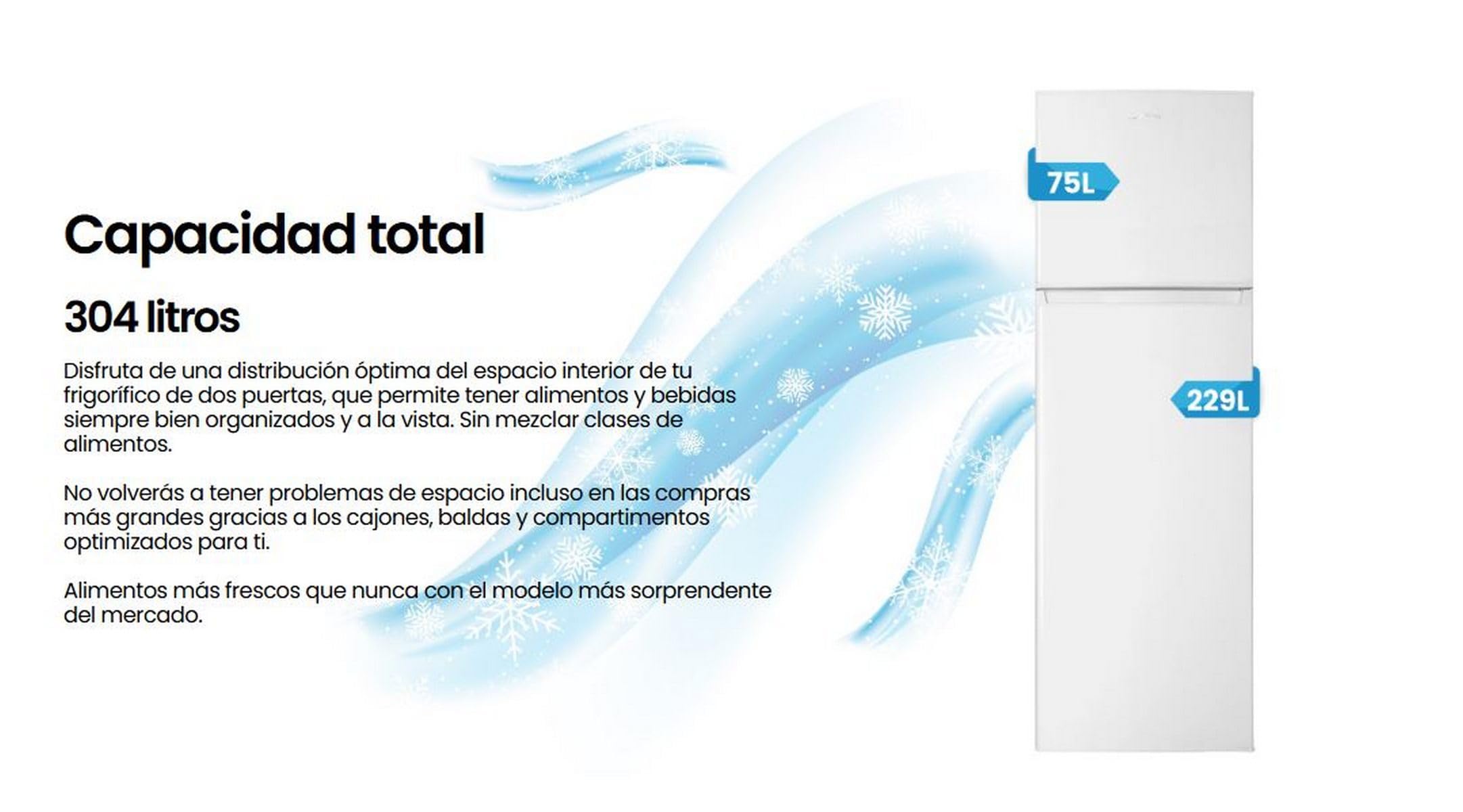 INFINITON Frigorifico Dos Puertas FG-300D72WEP, 304 Litros, 172 cm de Altura, Puerta reversible, Ciclico, Regulación en altura, E, Blanco