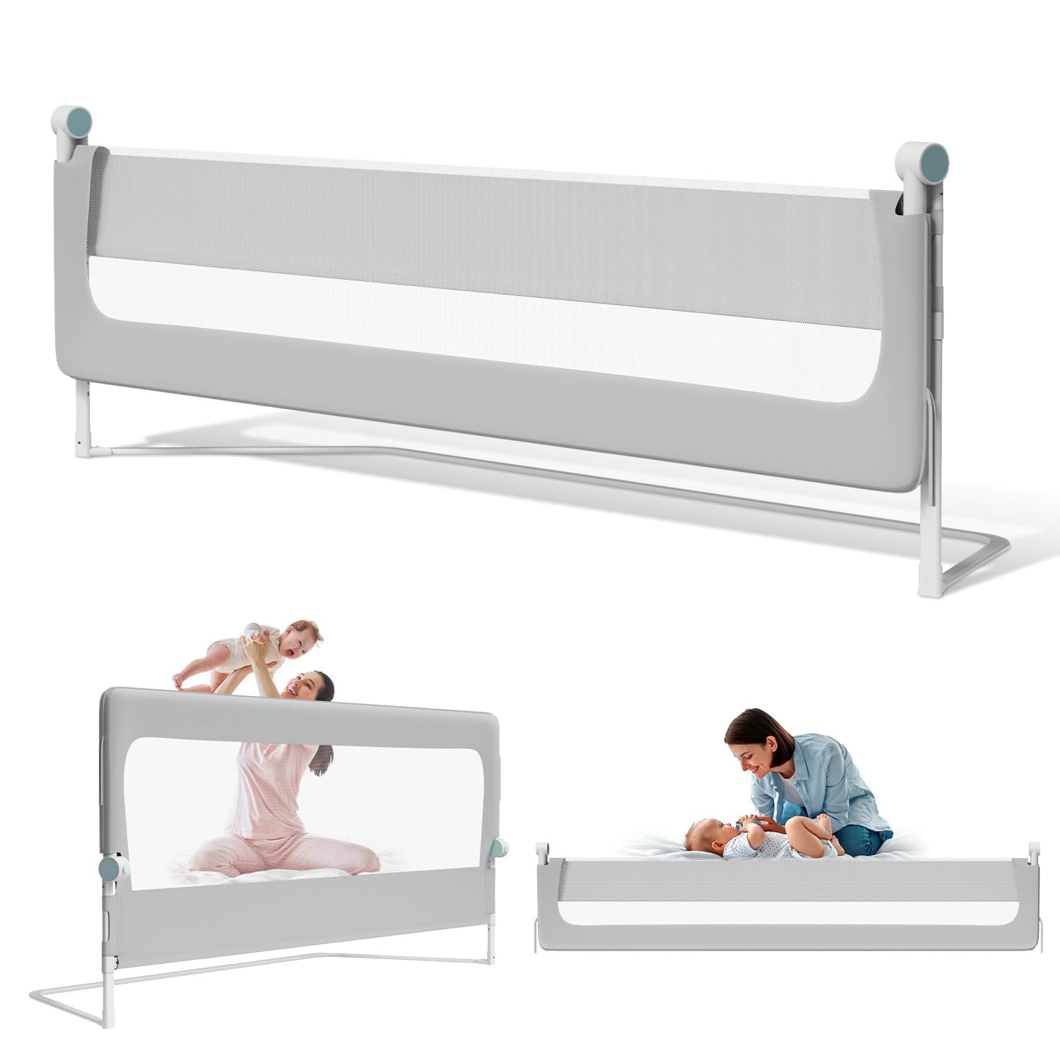 Bettschutzgitter 200×68 cm Rausfallschutz Bett – extra breites halb klappbares Bettgitter für Baby & Kleinkind, höhenverstellbar 72–86 cm, Stabiler Trapezfuß, 300G Oxford-Stoff, Grau