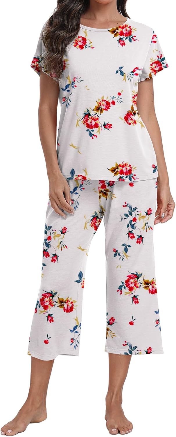YUNDAI Womens Pajama Sets Short Sleeve Top With Capri Pants Sleepwear 2 Piece Lounge Set - Image 2