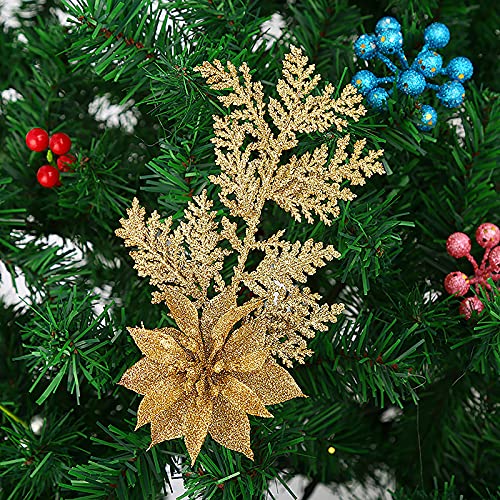 WIVAYE Lot de 3 poinsettia à paillettes pour sapin de Noël, Fleurs artificielles décoratives avec branches et feuilles de pin - Poinsettia à paillettes Décoration pour arbre de Noël Couronne de Noël Cover