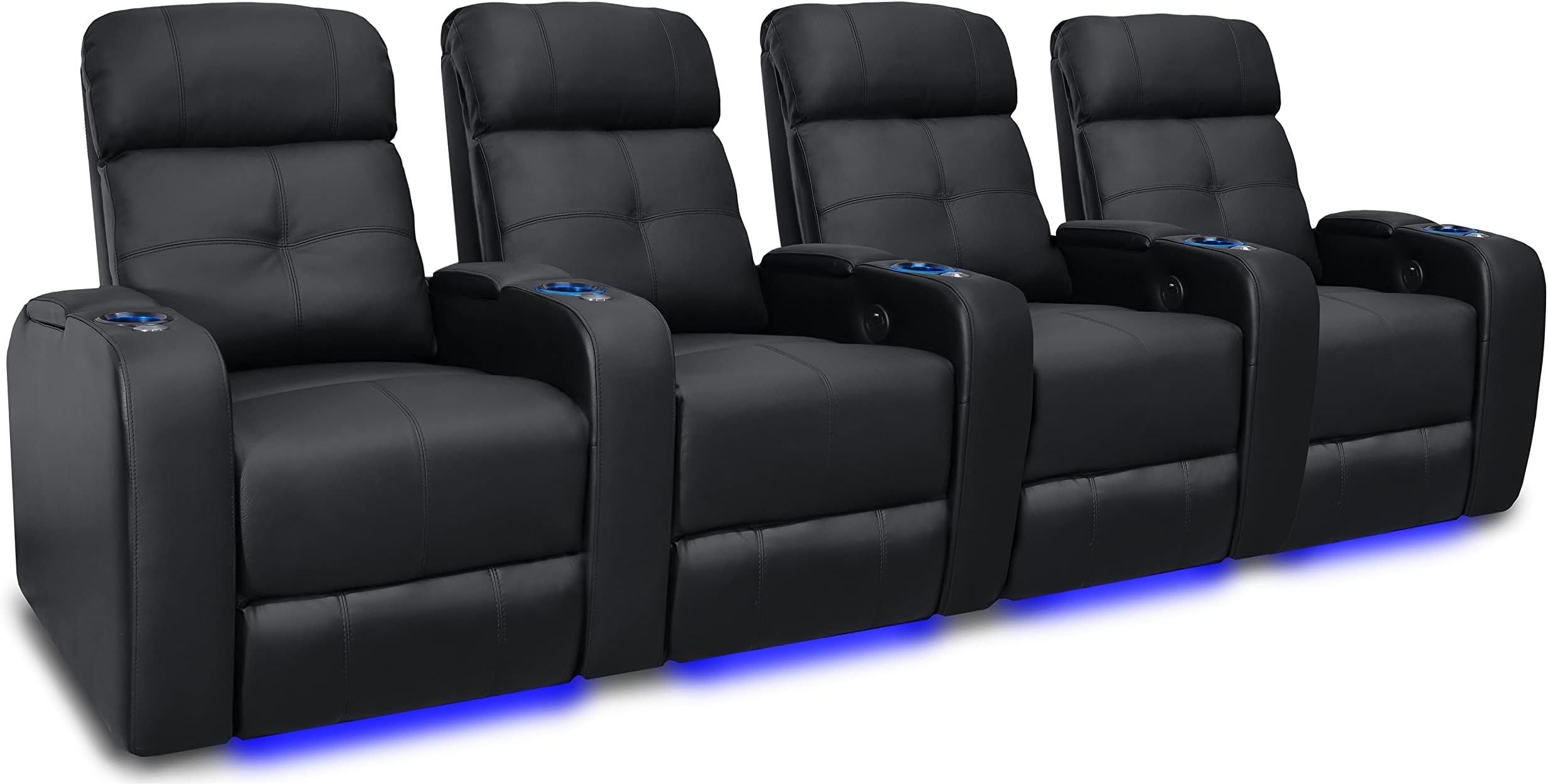 Valencia Verona Home Theater Seating | Premium Top Grain Italian 9000 Leather, Power Recliner, Power Headrest, LED Lighting (Row of 4, Black)
