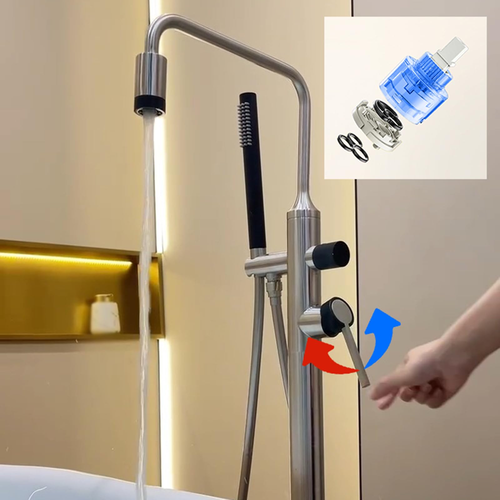 Grifo Mezclador de Bañera Y Ducha Grifo de Bañera de Pie Acabado Dorado Cepillado Monomando Agua Caliente Y Fría Acero Inoxidable Grifos de Bañera Independientes Montados En El Suelo
