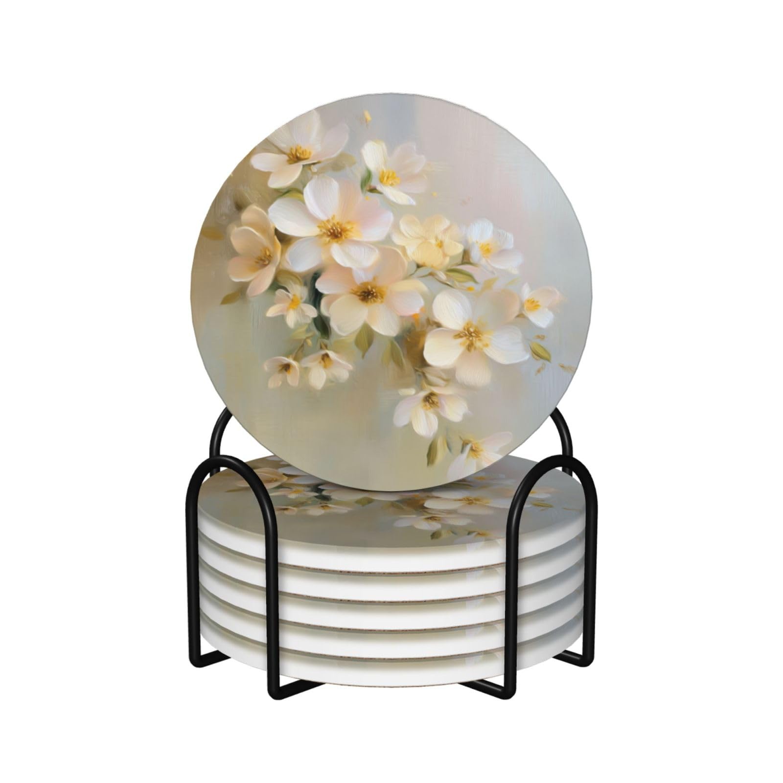 Abstract Flower Light Beige and White Ceramic Coasters with Holder 6ps