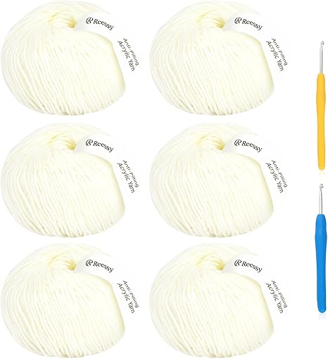 Acrylic Yarn for Crocheting Size 3, Reessy 786 Yards Soft DK Weight Yarn (CYC #3), No-Splitting and 2pcs Crochet Hooks for Beginners, Solid 6 Skeins for Small Crochet or Knitting Projects(White)
