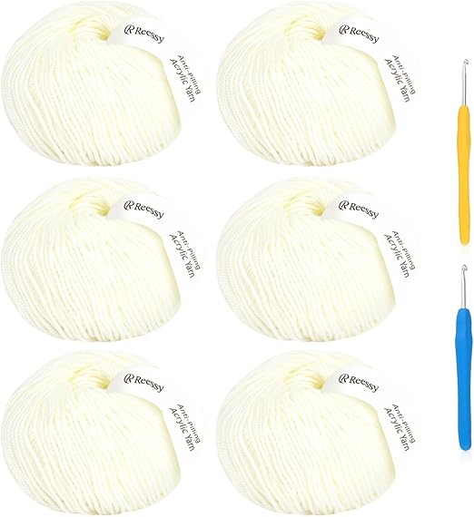 Acrylic Yarn for Crocheting Size 3, Reessy 786 Yards Soft DK Weight Yarn (CYC #3), No-Splitting and 2pcs Crochet Hooks for Beginners, Solid 6 Skeins for Small Crochet or Knitting Projects(White)