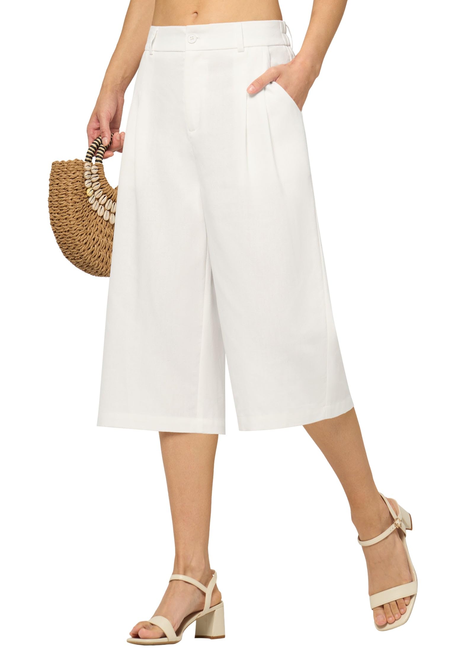 Willit Womens Linen Capri Pants Wide Leg Dress Casual Summer Pleated Capri High Waisted with Pockets 16